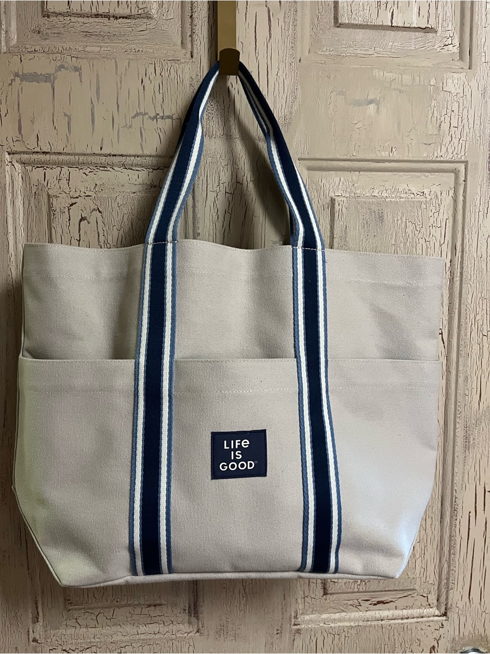 Life Is Good Cream Canvas Tote with Navy-Striped Handles